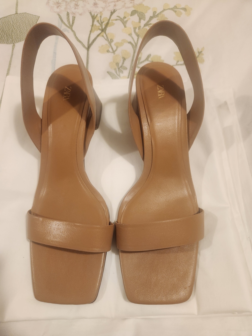 Zara Tan Leather Slingback Sandals - Classic Square Toe
